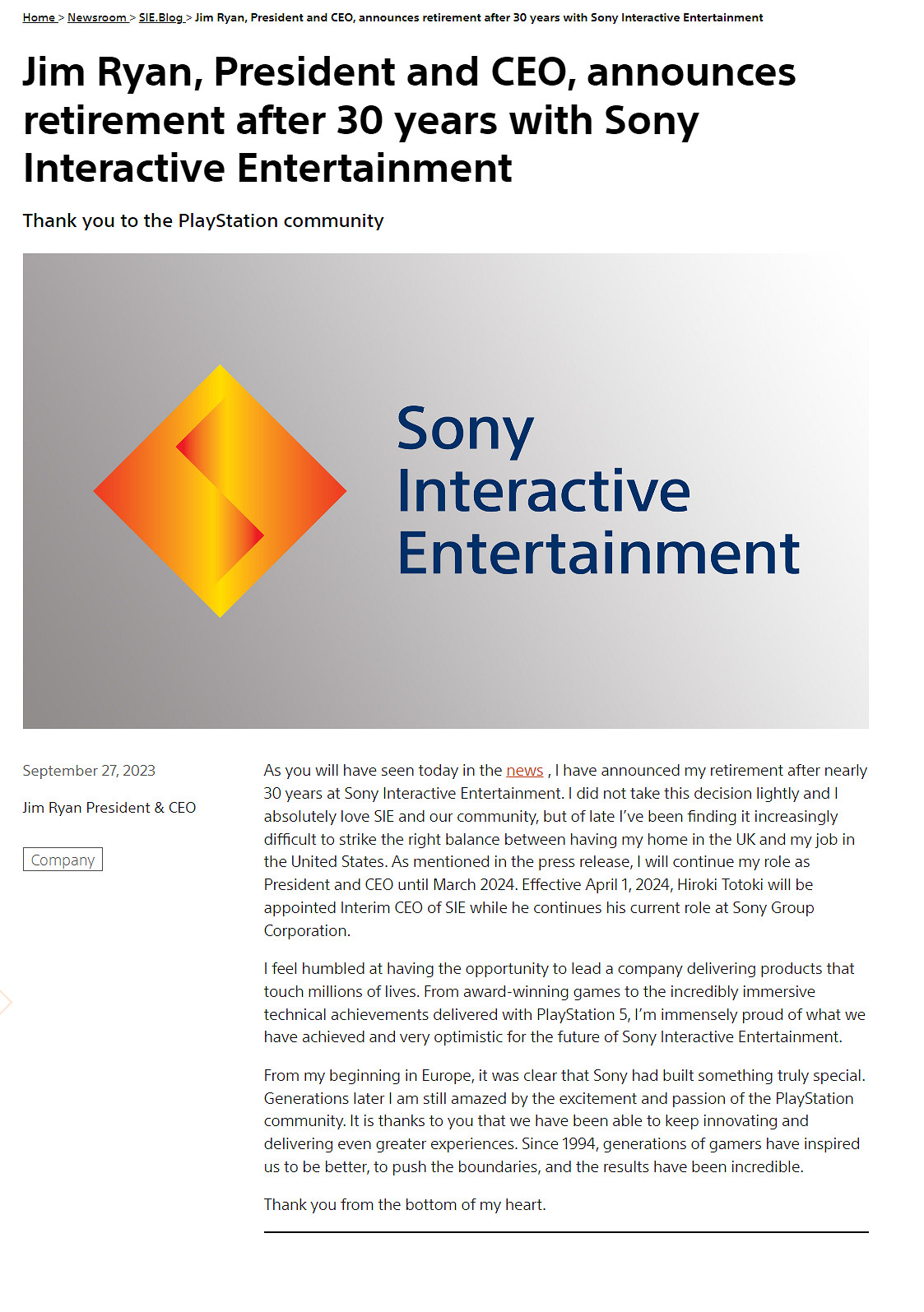 索尼SIE現任CEO吉姆·萊恩宣布將於2024年卸任退休