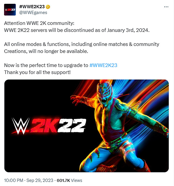 官宣《WWE 2K22》伺服器將於2024年1月3日關閉！