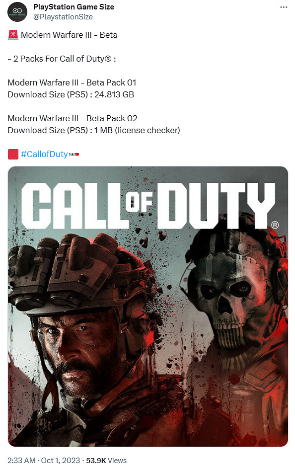 《決勝時刻：現代戰爭3》PS5測試版檔案大小為24.8GB