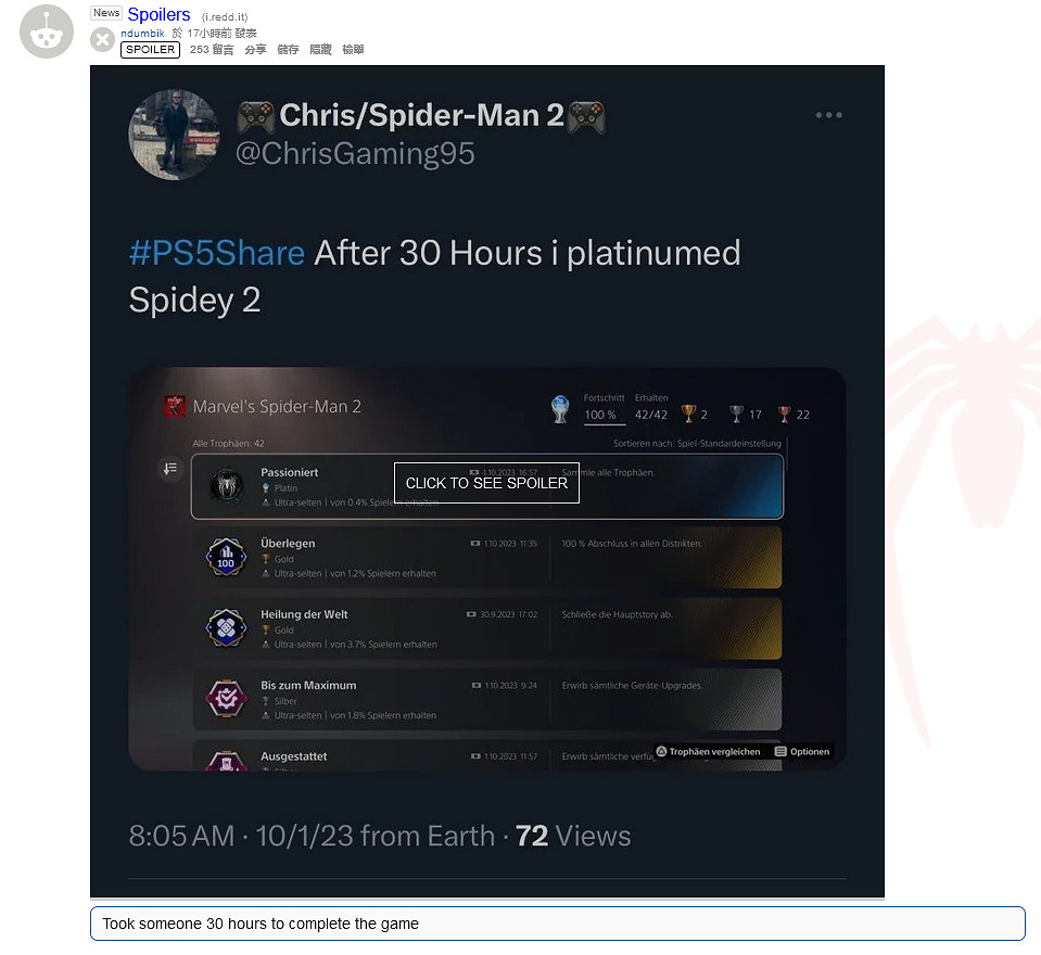 流程縮短？偷跑玩家稱30小時達成《漫威蜘蛛人2》白金