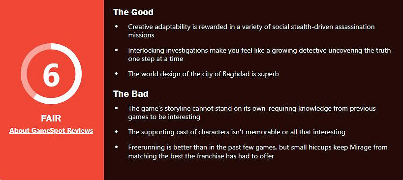 《刺客教條:幻景》媒體評分出爐:IGN8分GS給6分 《刺客教條:幻景》媒體評分出爐:IGN8分GS給6分