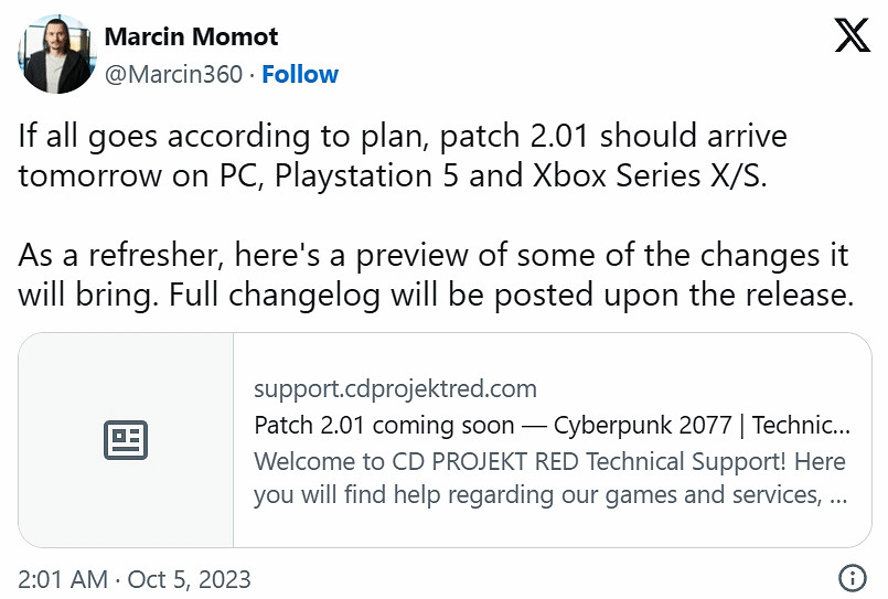 來了！CDPR確認《電馭叛客2077》2.01更新很快會上線