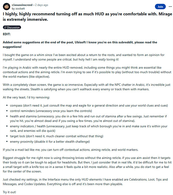 玩家稱:關閉《刺客教條幻景》HUD 會使遊戲更身臨其境