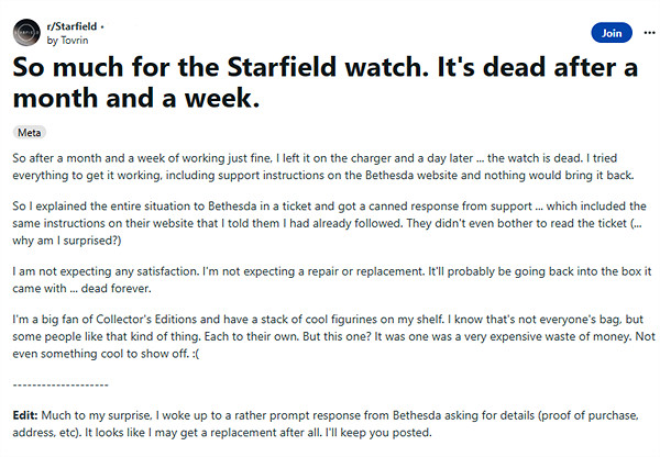 就這品質?玩家表示《星空》典藏版手表戴一個月就壞了