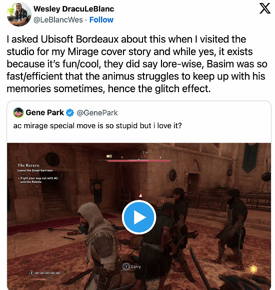 《刺客教條:幻景》主角超現實的技能是育碧有意為之! 《刺客教條:幻景》主角超現實的技能是育碧有意為之!