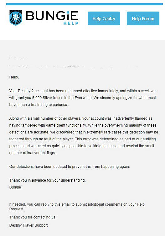 Bungie向《命運2》被誤封玩家道歉！將補償5000銀幣