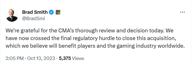 CMA正式批准微軟收購動視暴雪！微軟總裁發文感謝！