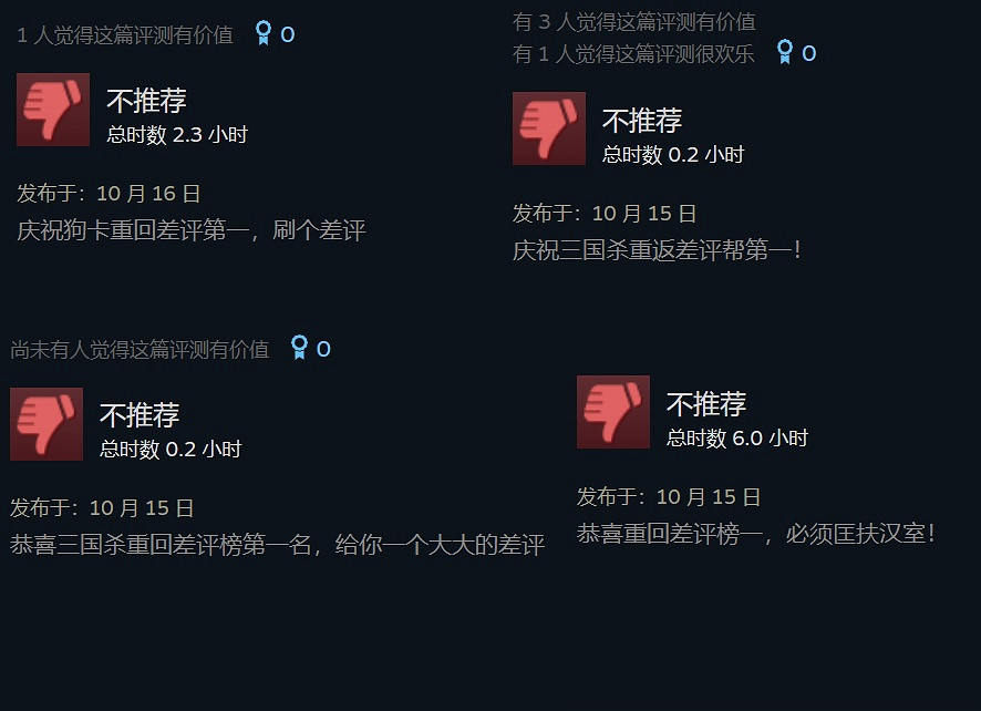 《三國殺》重回Steam差評榜第一 玩家超開心刷差評慶祝 《三國殺》重回Steam差評榜第一 玩家超開心刷差評慶祝