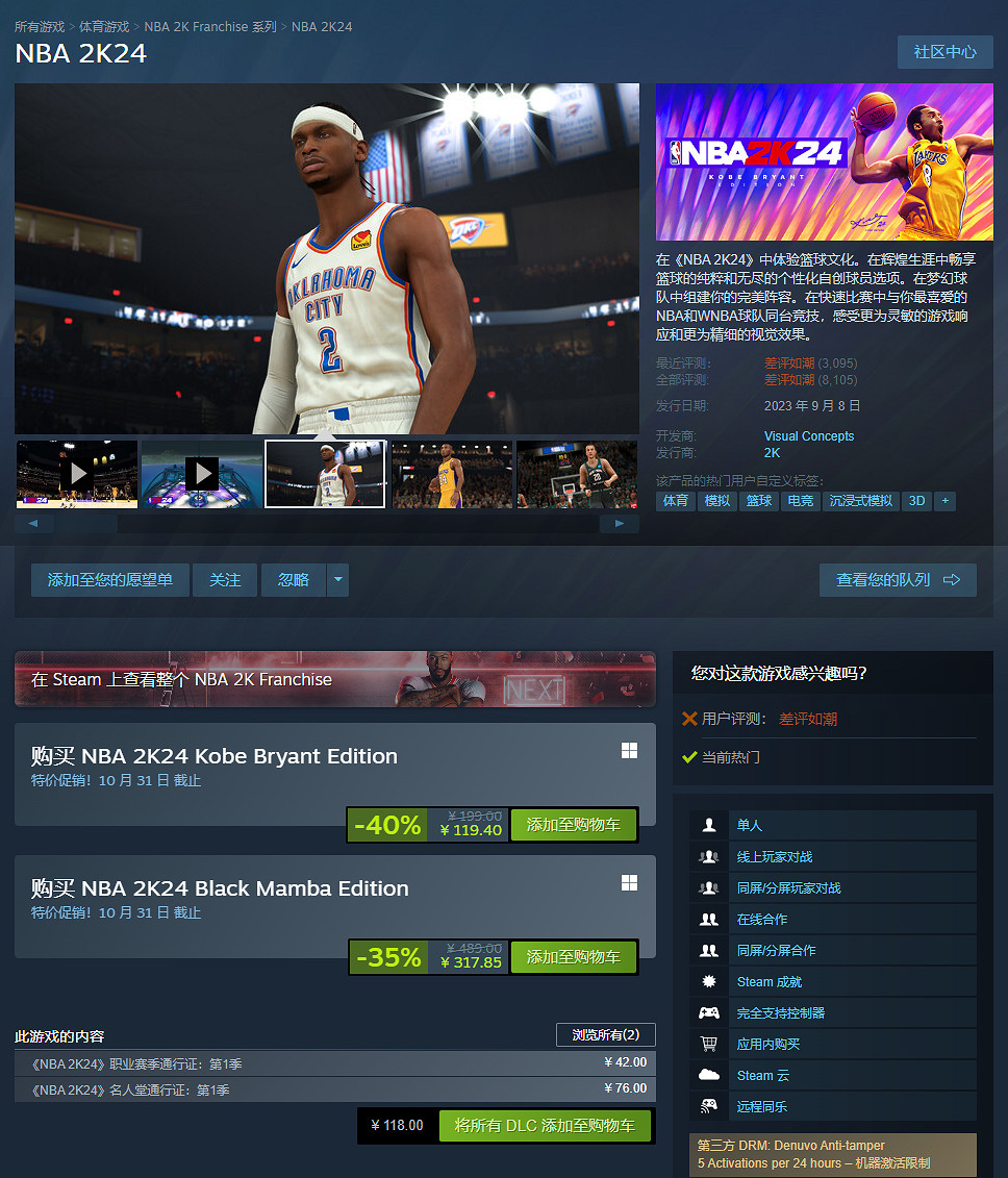 差評太多《NBA 2K24》上市才滿一個月Steam就6折優惠 差評太多《NBA 2K24》上市才滿一個月Steam就6折優惠