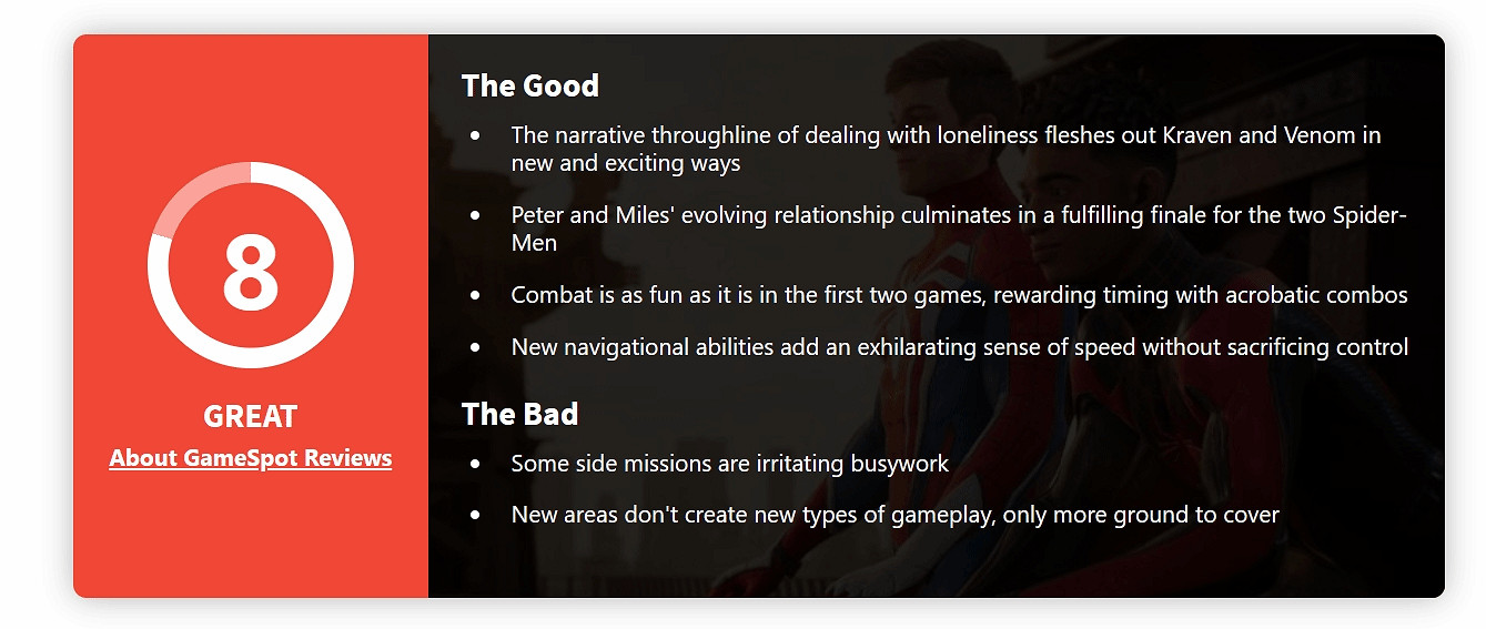 《漫威蜘蛛人2》GS 8分：劇情和玩法都十分吸引人！