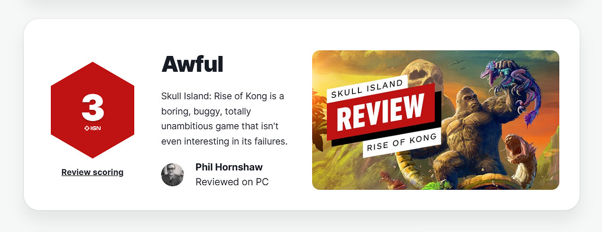 《骷髏島:金剛崛起》IGN 3分!比《魔戒咕嚕》還低! 《骷髏島:金剛崛起》IGN 3分!比《魔戒咕嚕》還低!