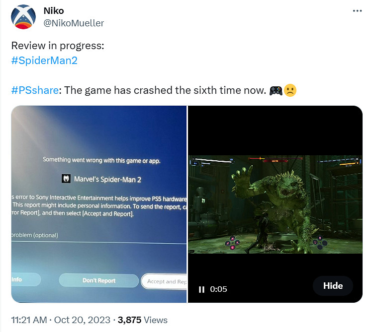 已經有6次了!博主發布《漫威蜘蛛人2》遊戲崩潰影片 已經有6次了!博主發布《漫威蜘蛛人2》遊戲崩潰影片