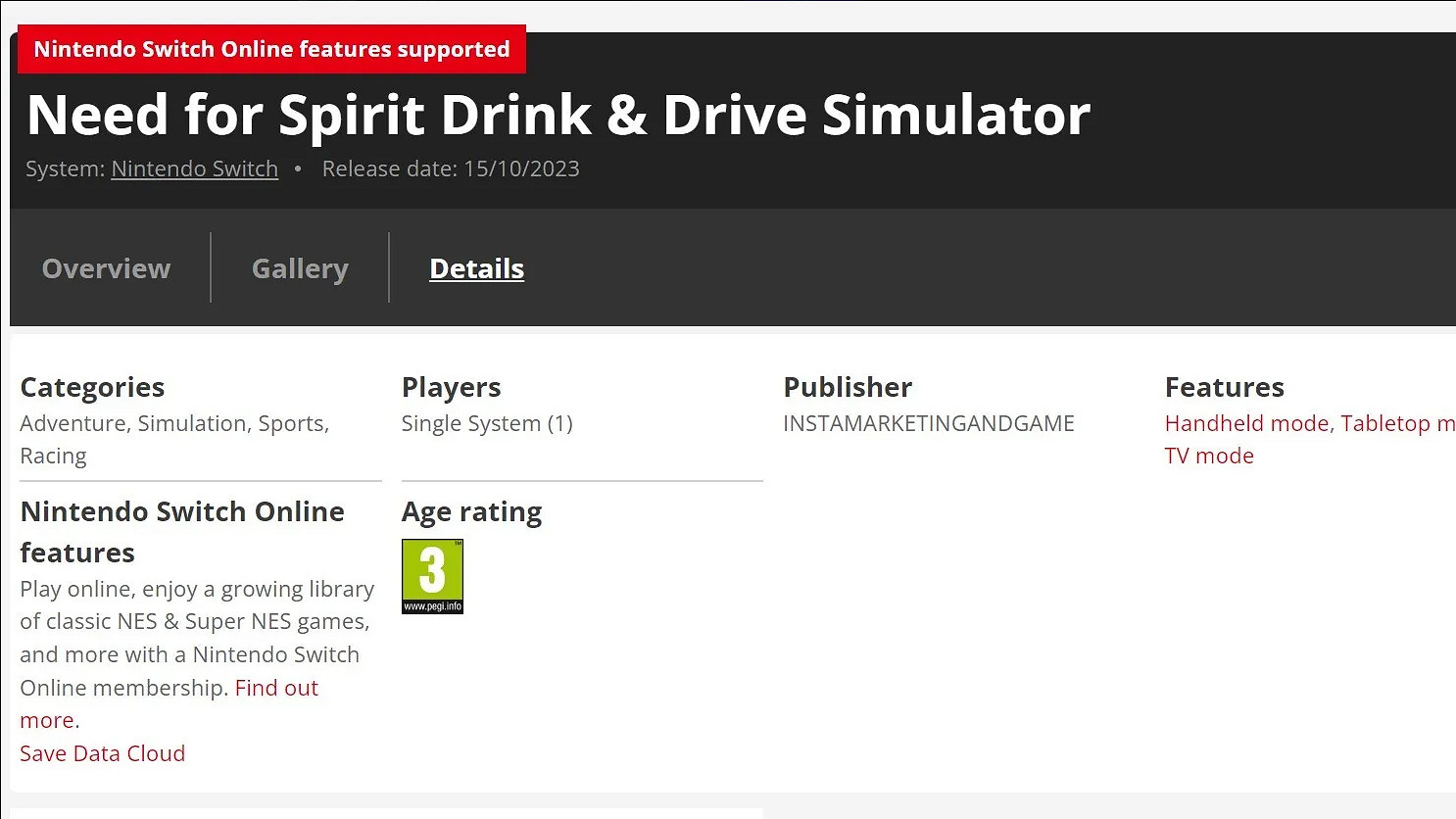 這居然評級3歲+?《醉駕模擬器》現已在NS商店下架 這居然評級3歲+?《醉駕模擬器》現已在NS商店下架