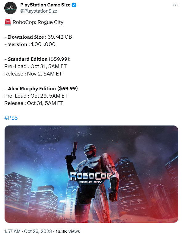 《機械戰警:暴戾都市》PS5版預載大小和解鎖時間曝光 《機械戰警:暴戾都市》PS5版預載大小和解鎖時間曝光