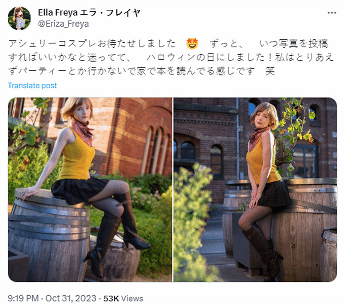 《生化4RE》礙事梨臉模萬聖節cos：翹腿坐木桶超還原