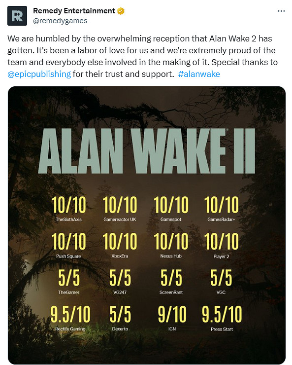 《心靈殺手2》媒體讚譽圖公布 開發商感謝Epic支援信任