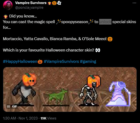 《吸血鬼倖存者》官方提醒咒文 可解鎖英雄萬聖節皮膚