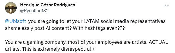 育碧用AI做宣傳圖被玩家怒噴：請尊重藝術家的工作