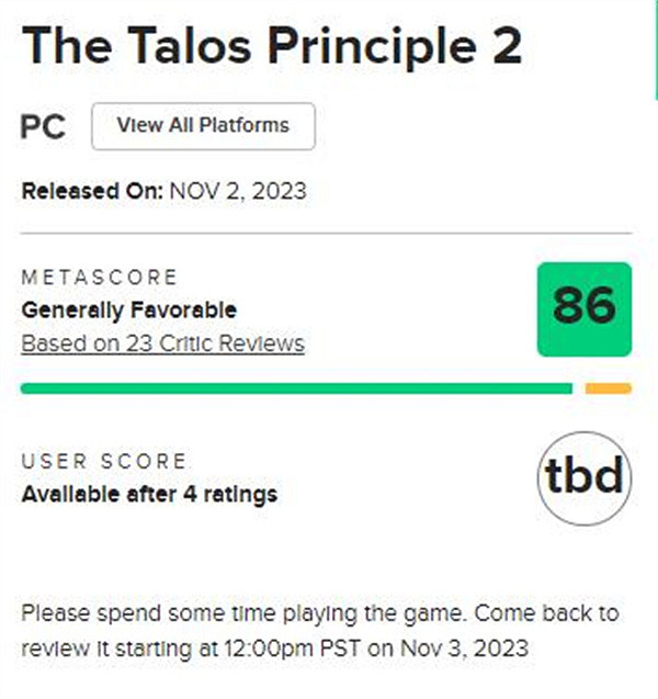 《塔洛斯的法則2》全球媒體評分解禁：M站均分86分