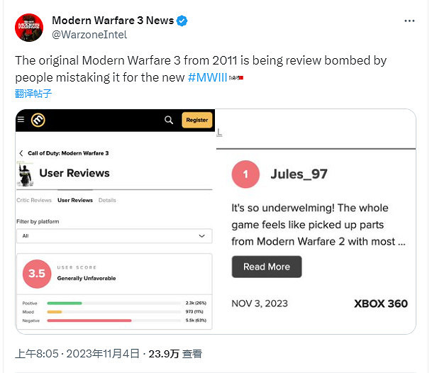 因為命名的意外《決勝時刻8：現代戰爭3》慘遭差評轟炸