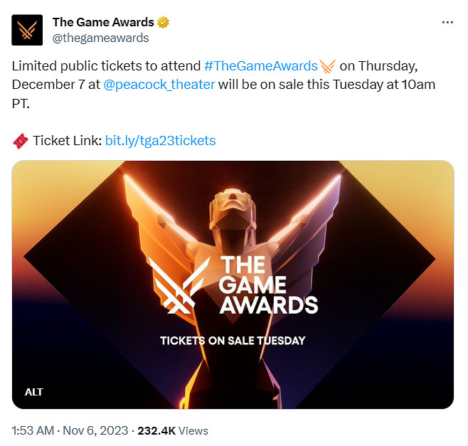 2023年TGA門票11月7日開售!官方提醒數量有限別錯過 2023年TGA門票11月7日開售!官方提醒數量有限別錯過