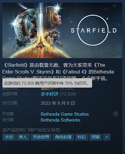 B社《星空》發售兩個月整!Steam好評率跌已至70%! B社《星空》發售兩個月整!Steam好評率跌已至70%!