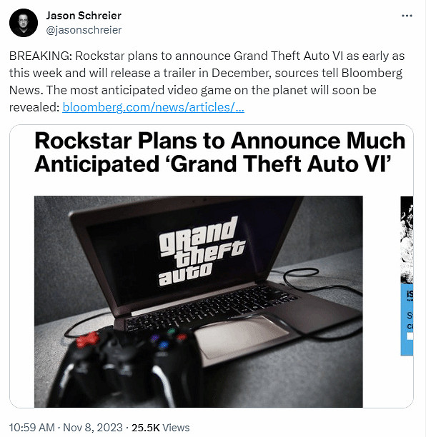 你信嗎?知名記者曝R星本周公布《GTA6》!12月發預告