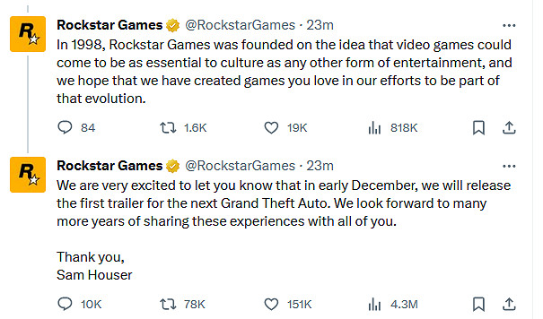 終於來了！R星官宣12月初公開《GTA6》首支預告片