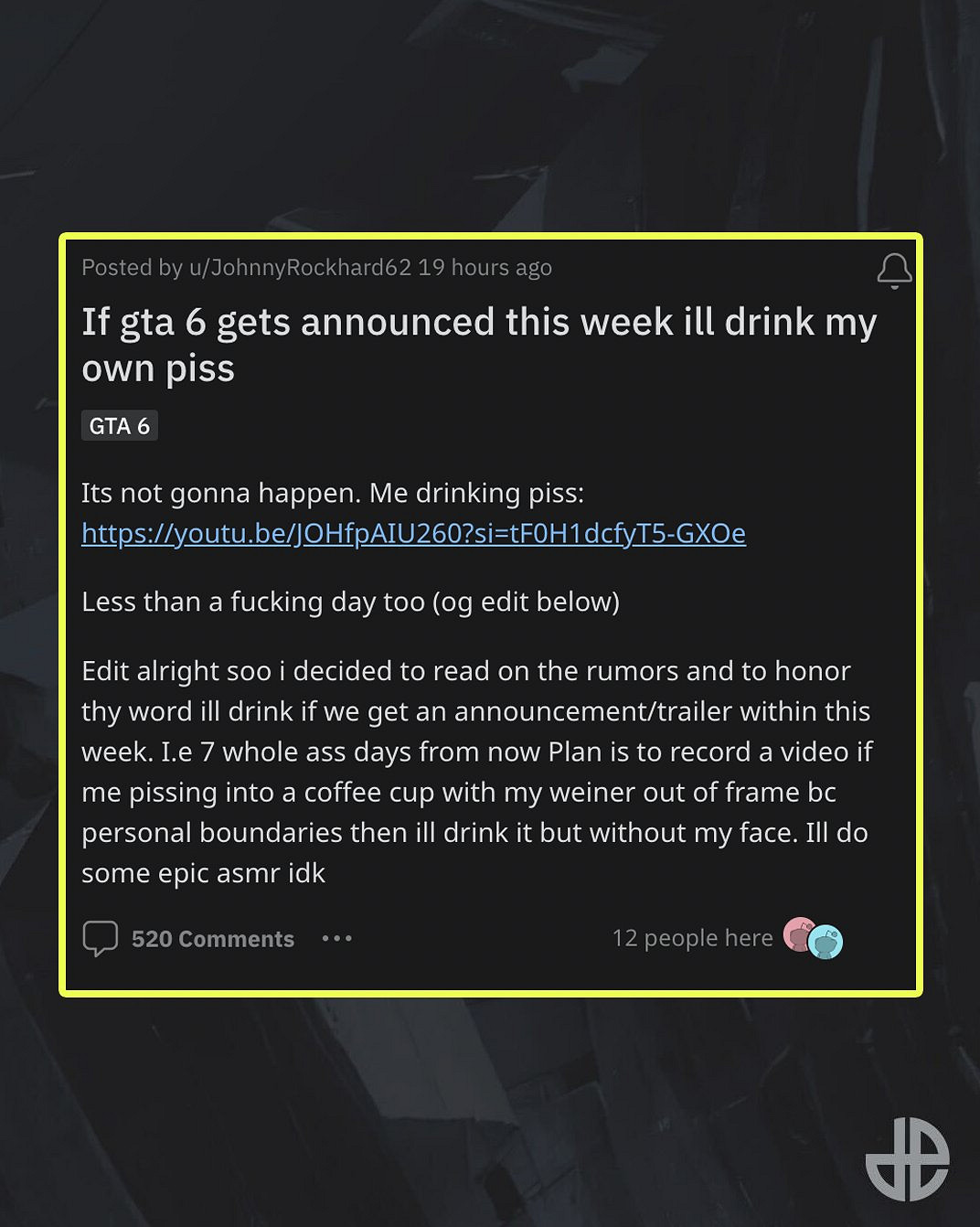 網友稱要是《GTA6》本周官宣就去廁所獎勵自己“一杯” 網友稱要是《GTA6》本周官宣就去廁所獎勵自己“一杯”