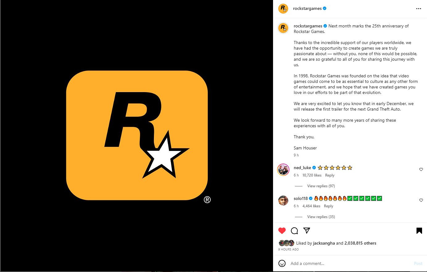 R星官宣《GTA6》人氣太火爆！國外各平台點讚數爆表