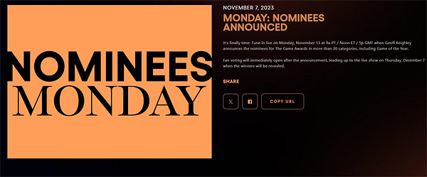 TGA23:將於11月13日公布遊戲提名名單 包括年度最佳 TGA23:將於11月13日公布遊戲提名名單 包括年度最佳