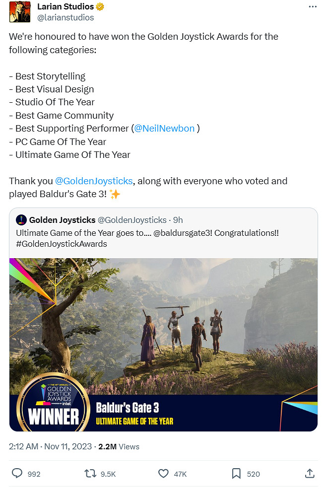 《柏德之門3》獲金搖桿7項大獎！獎杯多到都抱不下了