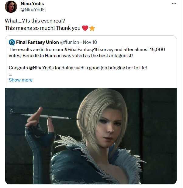 貝妮迪塔被選為《最終幻想16》最佳對手!演員發文感謝 貝妮迪塔被選為《最終幻想16》最佳對手!演員發文感謝