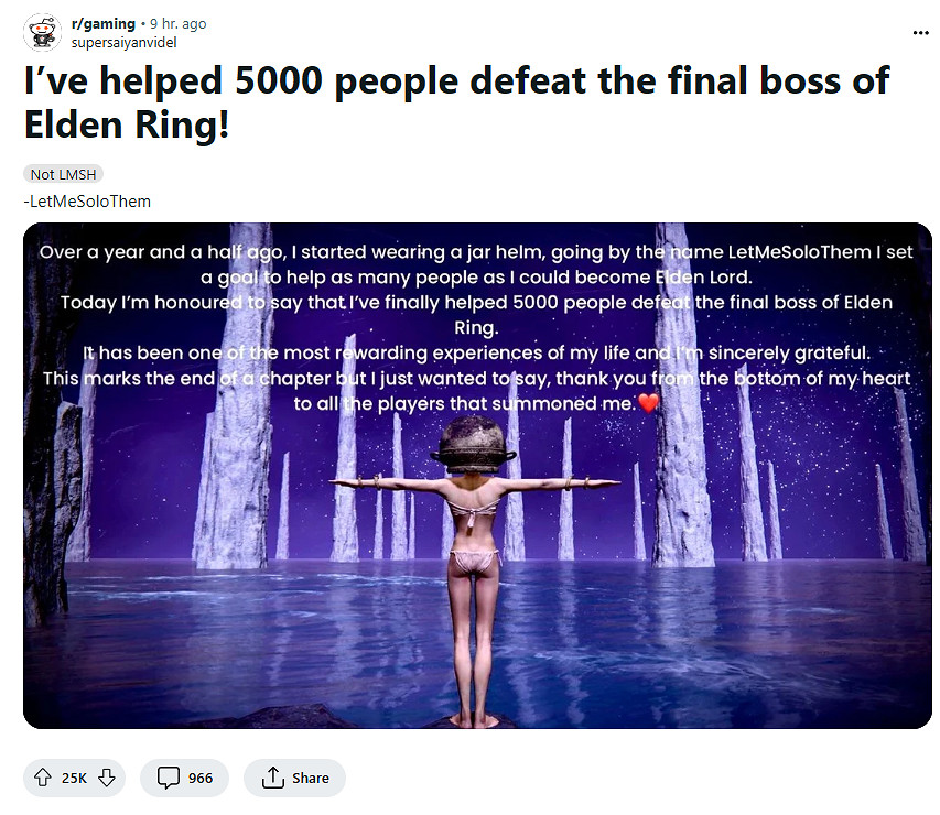 《艾爾登法環》女高玩幫助玩家擊敗最終Boss 5000次! 《艾爾登法環》女高玩幫助玩家擊敗最終Boss 5000次!