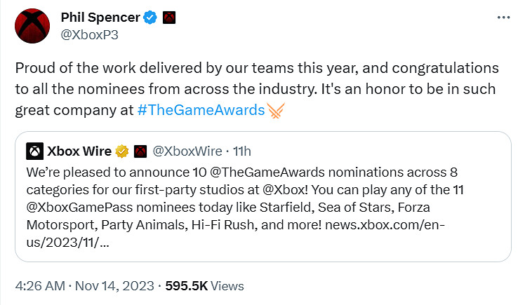 Xbox第一方遊戲獲TGA十個提名 斯賓塞稱他為團隊自豪