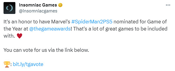 TGA23：Insomniac發推慶祝《蜘蛛人2》獲年度最佳提名