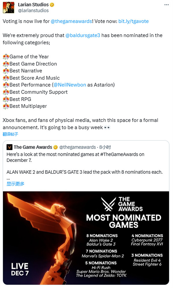 TGA23:《博德3》獲8項獎項提名!拉瑞安官方發推拉票 TGA23:《博德3》獲8項獎項提名!拉瑞安官方發推拉票