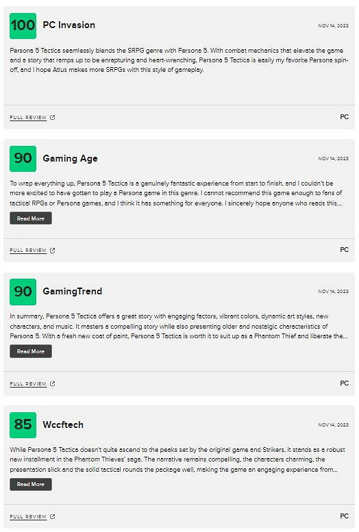 《女神異聞錄5：戰略版》M站均分77分 表現差強人意