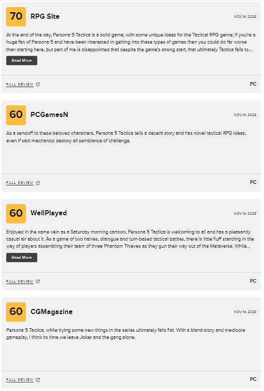 《女神異聞錄5：戰略版》M站均分77分 表現差強人意