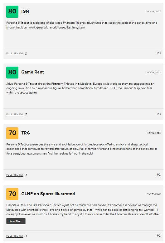 《女神異聞錄5：戰略版》M站均分77分 表現差強人意