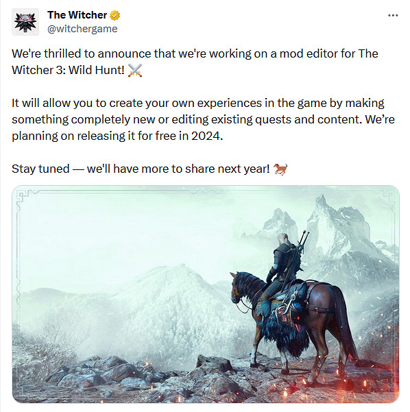 CDPR官宣《巫師3》Mod編輯器開發中 2024年免費推出