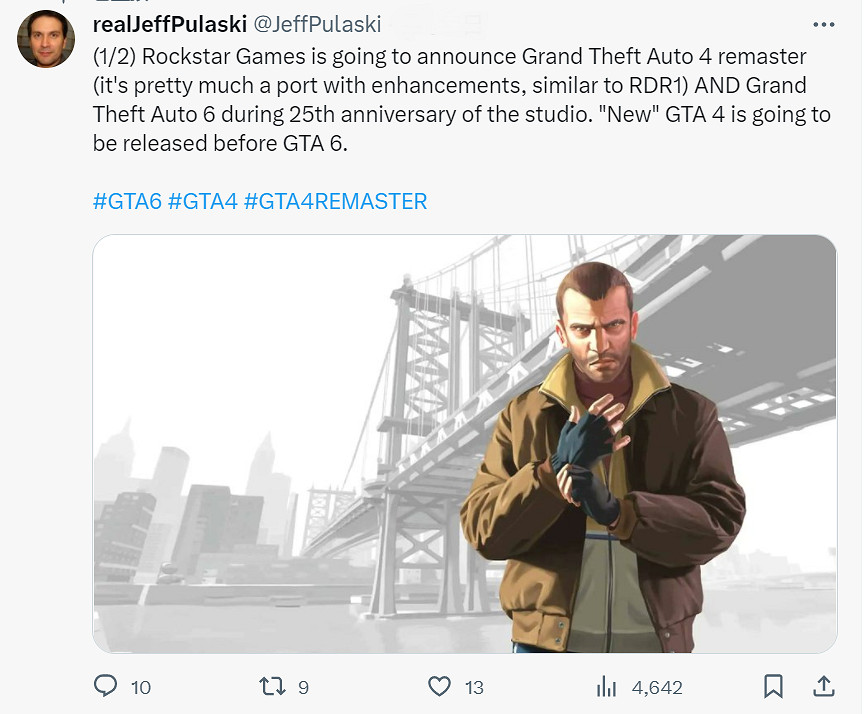 曝R星將在《GTA6》預告發布之前推出《GTA4》重製版！