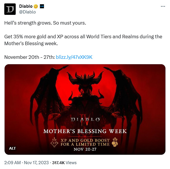 《暗黑4》聖母的祝福活動11月21日回歸！經驗金幣+35%