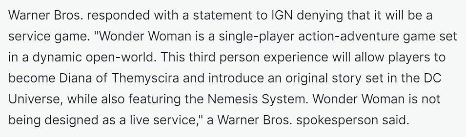 華納官方回應：《神奇女俠》新作不是長期服務型遊戲