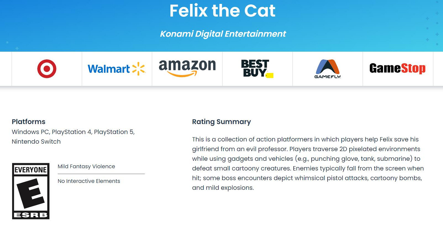 科拿米經典遊戲《菲利克斯貓合集》復活 ESRB已分級