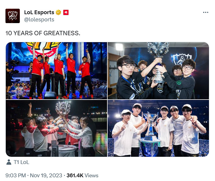 《LOL》官方分享T1戰隊四次奪冠照：Faker愈發成熟！