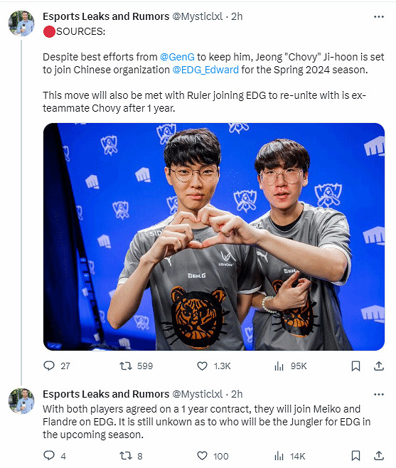 曝《LOL》Chovy和Ruler將於明年春季一同轉會至EDG! 曝《LOL》Chovy和Ruler將於明年春季一同轉會至EDG!