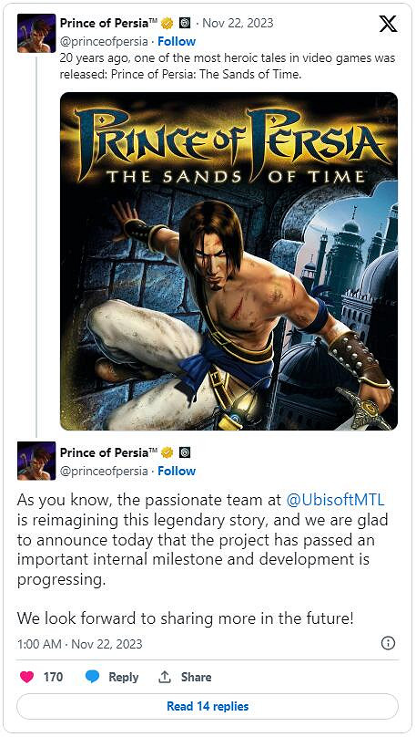 《波斯王子 時之沙:重製版》開發工作已達到重要里程碑