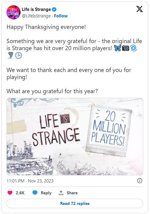 《奇異人生》玩家人數突破2000萬!官方公布慶祝影片 《奇異人生》玩家人數突破2000萬!官方公布慶祝影片