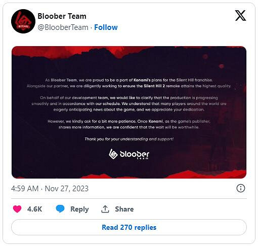 Bloober Team發布公告:《沉默之丘2重製版》順利開發中 Bloober Team發布公告:《沉默之丘2重製版》順利開發中